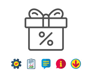 Gift box with Percentage line icon. Present or Sale sign. Birthday Shopping symbol. Package in Gift Wrap. Report, Service and Information line signs. Download, Speech bubble icons. Editable stroke