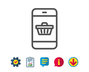 Mobile Shopping cart line icon. Smartphone Online buying sign. Supermarket basket symbol. Report, Service and Information line signs. Download, Speech bubble icons. Editable stroke. Vector