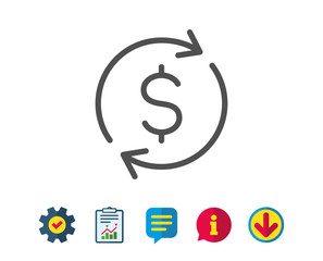 Fototapeta premium Currency exchange line icon. Money Transfer sign. Dollar in rotation arrow symbol. Report, Service and Information line signs. Download, Speech bubble icons. Editable stroke. Vector
