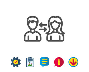 Fototapeta premium Teamwork line icon. Users communication. Male and Female profiles sign. Person silhouette symbol. Report, Service and Information line signs. Download, Speech bubble icons. Editable stroke. Vector