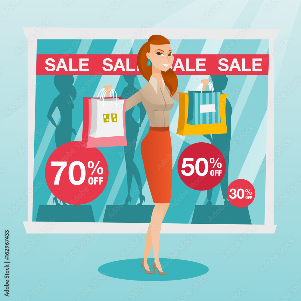 Poster young caucasian woman shopping on sale.