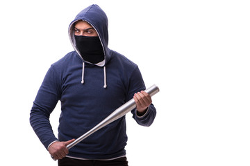 Young man hooligan with baseball bat isolated on white