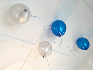 Blue and white party balloon on ceiling