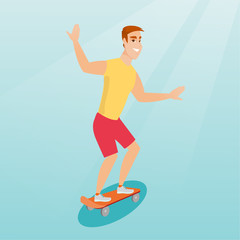 Young caucasian man riding skateboard.
