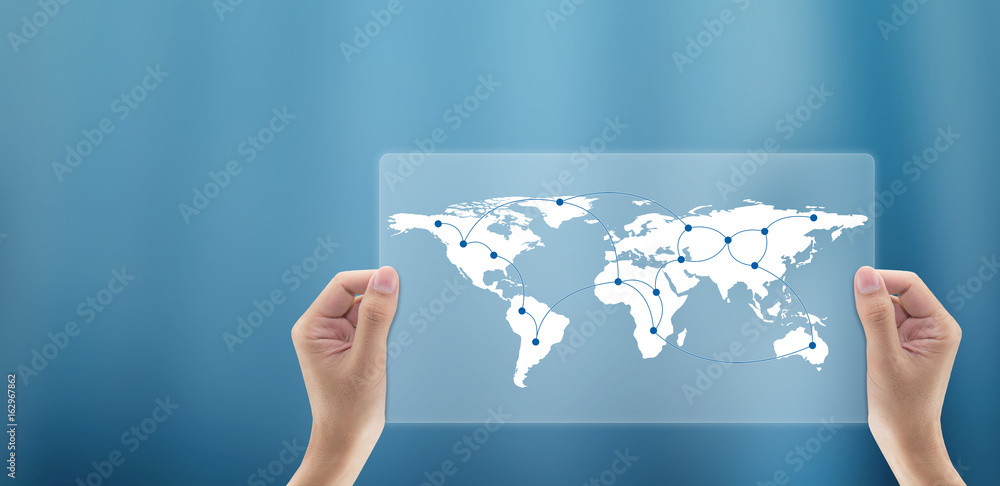 Aufkleber hand of business man holding global world map digital communication and network and data exchanges, 