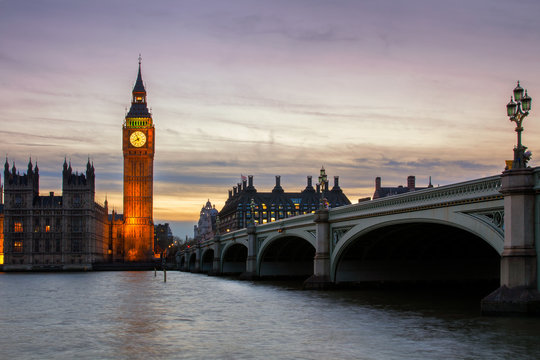 Big Ben and Westminster Bridge at sunset, London, UK