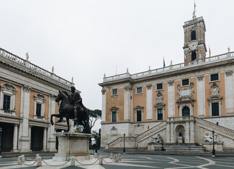 Fototapeta na wymiar Piazza del Campidoglio, on the top of Capitoline Hill, with Palazzo Senatorio and the equestrian statue of Marcus Aurelius.