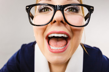 Close up of happy crazy business woman