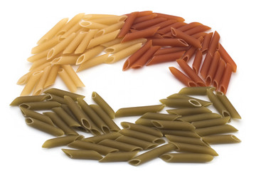 Raw colored macaroni isolated over white background