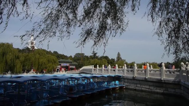 a row of blue boats on lake,swing willow in China Beijing Beihai Park.