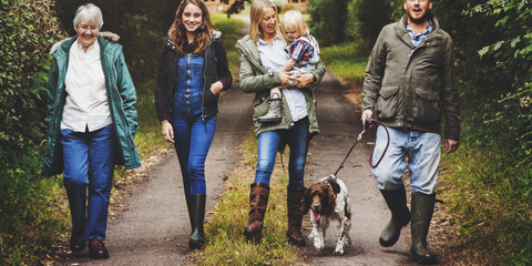 Family Walking Dog Togetherness Nature Concept