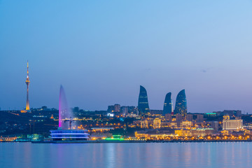 Night view of Baku Azerbaijan during sunset