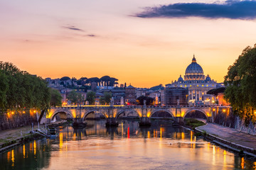Naklejka na ściany i meble Skyline with bridge Ponte Vittorio Emanuele II and classic architecture in Rome, Vatican City scenery over Tiber river.