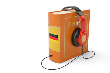 Learning languages online audiobooks concept books and headphones isolated on white 3d illustration.