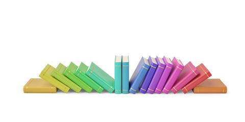 Row stack of colorful books on white background.3D illustration