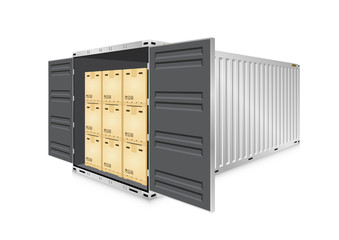 Cargo container vector isolated on white background. Metal box or equipment for storage at dock, port, warehouse. Freight transport by ship, crane, trailer truck for shipping, import export business.