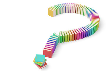 Question mark shaped stack of colorful books on white background.3D illustration