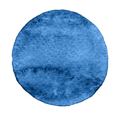 Blue circle painted with watercolor on a white background