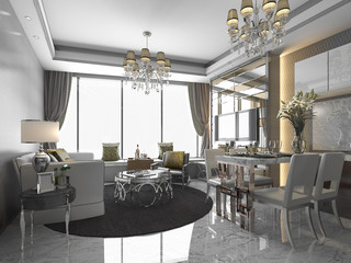 3d rendering luxury and modern living room and dining room