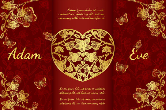 Butterfly with orchids invitation card by hand drawing.Butterfly and gold flower on red background.Red greeting card of chinese style.Butterfly with gold vine vector on red background. 