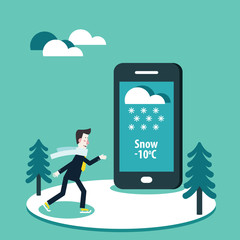 Businessman or young man ice-skating. Weather Forecast map on mobile