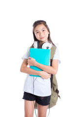 Young asian girl smiling over white background