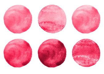 Watercolor circles collection pink colors. Stains set isolated on white background. Design elements