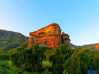 Scenic panoramic South Africa Drakensberg golden gate national park landscape with an impressive...
