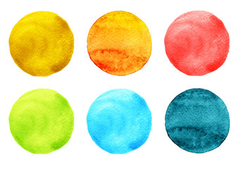 Watercolor Illustration for artistic design. Round stains, blobs of blue, pink, orange, red, green colors