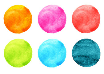 Watercolor Illustration for artistic design. Round stains, blobs of blue, pink, orange, red, green colors