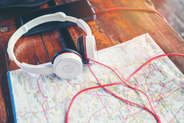 headphone on map Travel concept