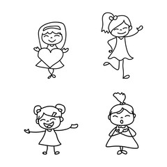 set of hand drawing cute girls line art