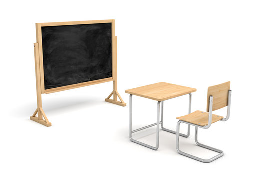 3d rendering of a new wooden school desk and a chair in front of a blank chalkboard on a wooden stand.