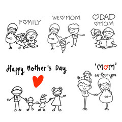 set of hand drawing cartoon character concept happy mothers day