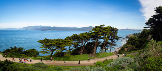 Panorama of Land's End Trail with Golden Gate Bridge
