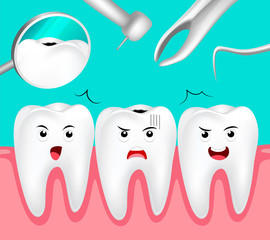 Cartoon decay tooth scared dental equipment. Dental care concept. Illustration on green background.
