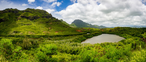 Lush tropical Island Setting of Menehune Fish Pond Panorama