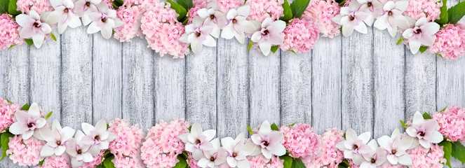 Magnolia flowers with hortensia and place for your text