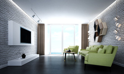 The interiors design of modern lounge and living room design and sea view