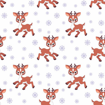 Baby colorful seamless pattern with the image of a cute little fawn. Vector Christmas background.