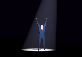Cheerful businessman with arms up under spotlight