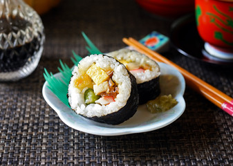 Closeup of makizushi (sushi rolls) on a white dish.