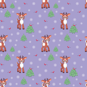 Baby colorful seamless pattern with the image of a cute little fawn. Vector Christmas background.
