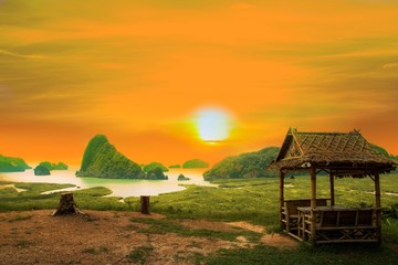 Scenic view of the sunrise beautiful new sunset. There are complex mountains.