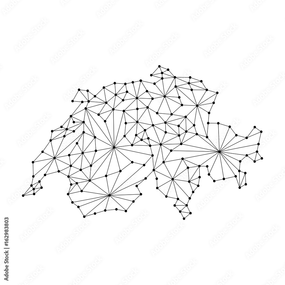 Poster switzerland map of polygonal mosaic lines network, rays and dots vector illustration.