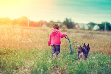 Happy little girl walking with dog on the field