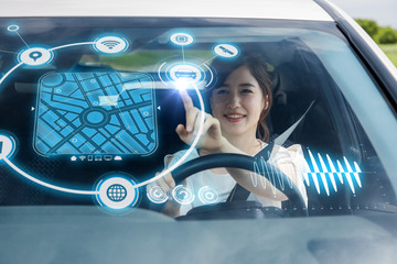 Heads up Display (HUD) of vehicle. Graphical User Interface (GUI). Futuristic car. Automotive technology.