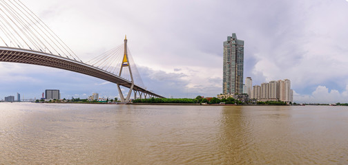 panorama of Beautiful Big Bhumibol Bridge and building / Big bridge at the river