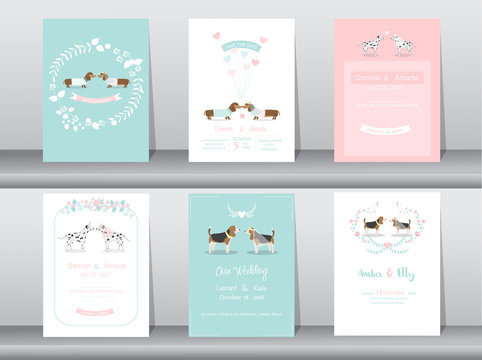 Set of wedding invitation cards,poster,template,greeting cards,animals,dog,Vector illustrations