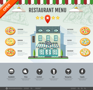 Flat style pizzeria cafe design. Web site design. Pizza menu